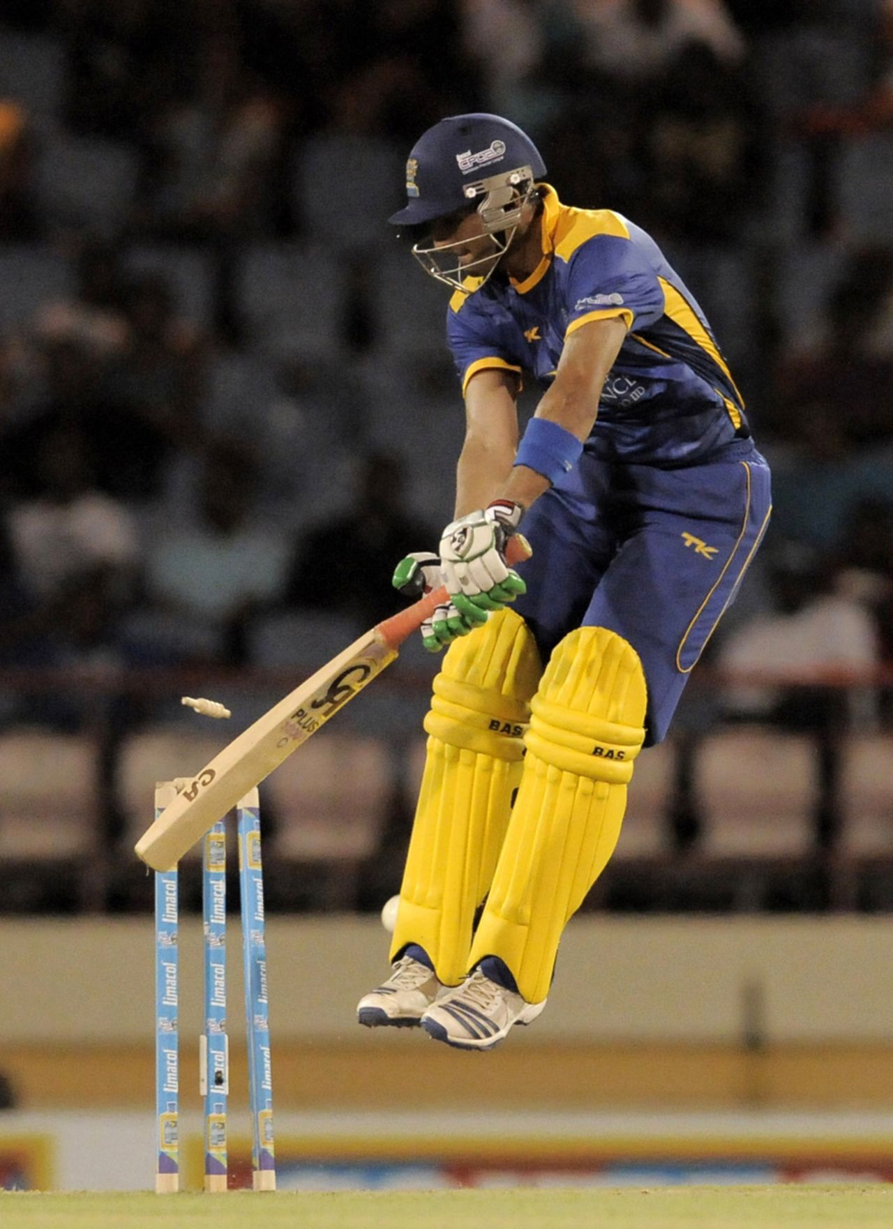 Shoaib Malik played the ball on to his stumps, St Lucia Zouks v Barbados Tridents, Caribbean Premier League, St Lucia, August 8, 2013