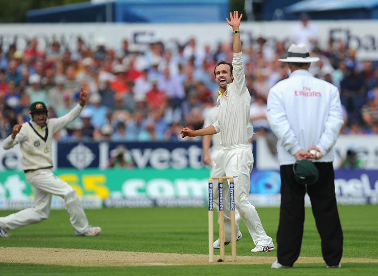Nathan Lyon had Jonathan Trott caught at short leg, England v Australia, 4th Investec Test, Chester-le-Street, 1st day, August 9, 2013