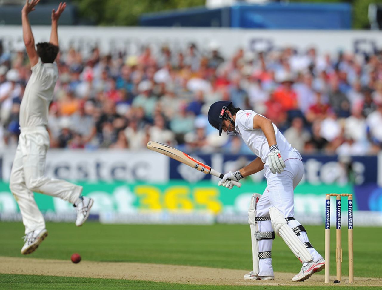 Alastair Cook padded up to Jackson Bird for 51, England v Australia, 4th Investec Test, Chester-le-Street, 1st day, August 9, 2013