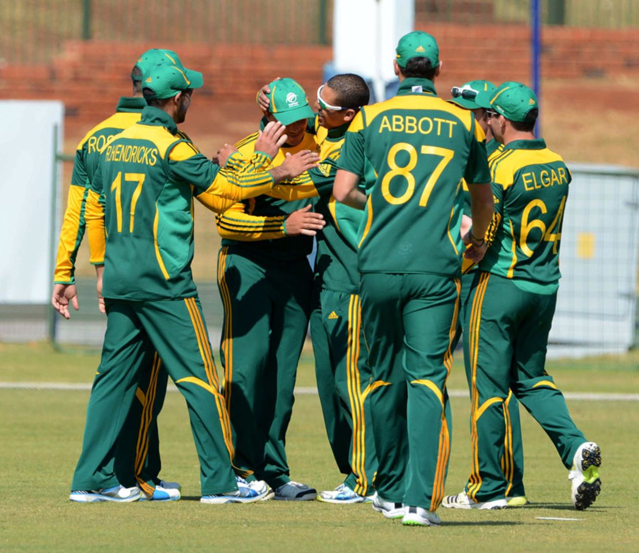 South Africa A celebrate the fall of Rohit Sharma, South Africa A v India A, tri-series, Pretoria, August 9, 2013