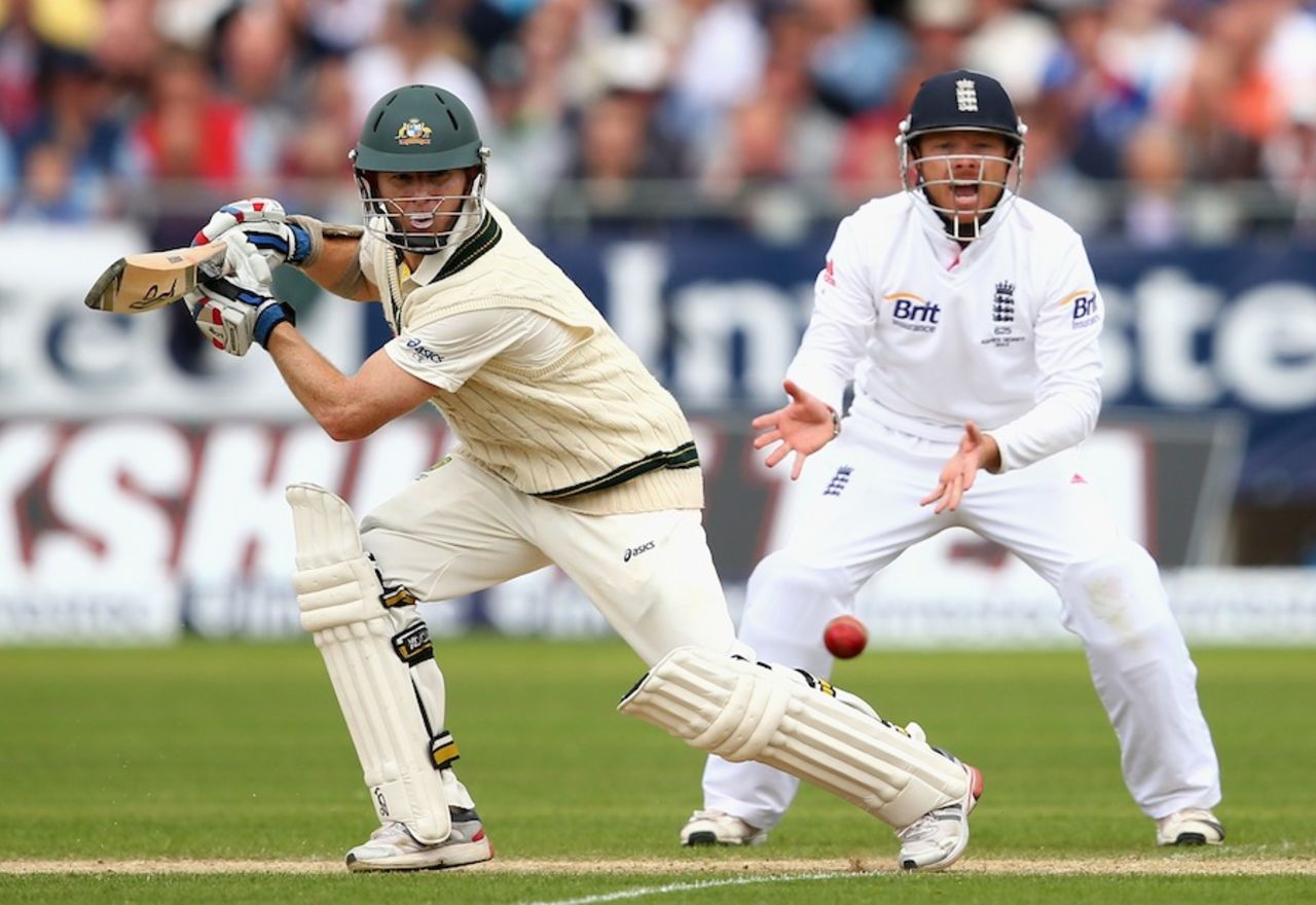 Chris Rogers drives the ball square, England v Australia, 4th Investec Ashes Test, 2nd day, Chester-le-Street, August 10, 2013