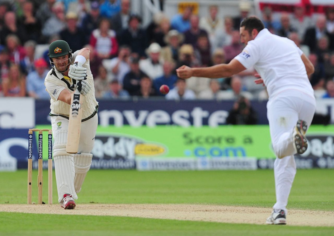 Tim Bresnan failed to hold a sharp caught and bowled chance from Shane Watson, England v Australia, 4th Investec Ashes Test, 2nd day, Chester-le-Street, August 10, 2013