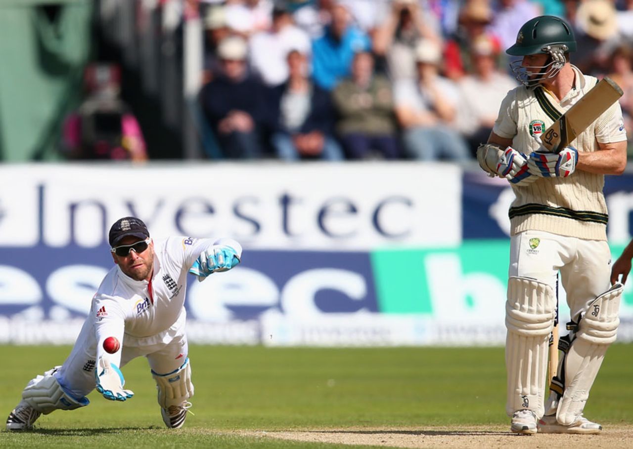 Matt Prior dives to take Chris Rogers' catch, England v Australia, 4th Investec Ashes Test, 3rd day, Chester-le-Street, August 11, 2013