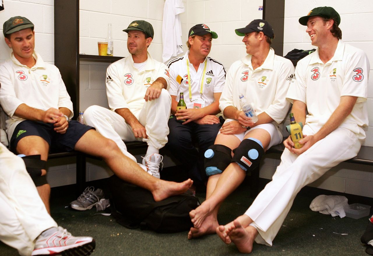 Dad's Army: Justin Langer, Ricky Ponting, Shane Warne, Matthew Hayden and Glenn McGrath celebrate the win at Brisbane, Australia v England, 1st Test, Brisbane, November 27, 2006