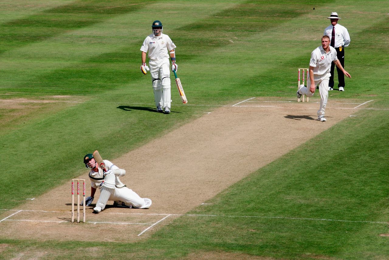Brett Lee avoids a bouncer from Andrew Flintoff, England v Australia, 2nd Test, Edgbaston, 4th day, August 7, 2005