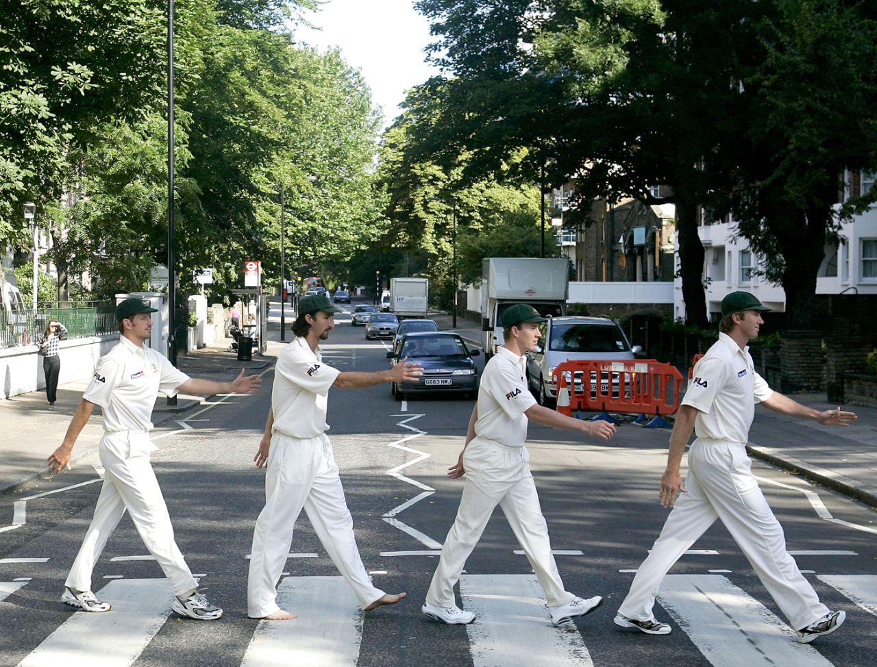 Michael Kasprowicz, Jason Gillespie, Brett Lee and Glenn McGrath of Australia re-enact the famous Beatles album cover at Abbey Road, London, July 19, 2005