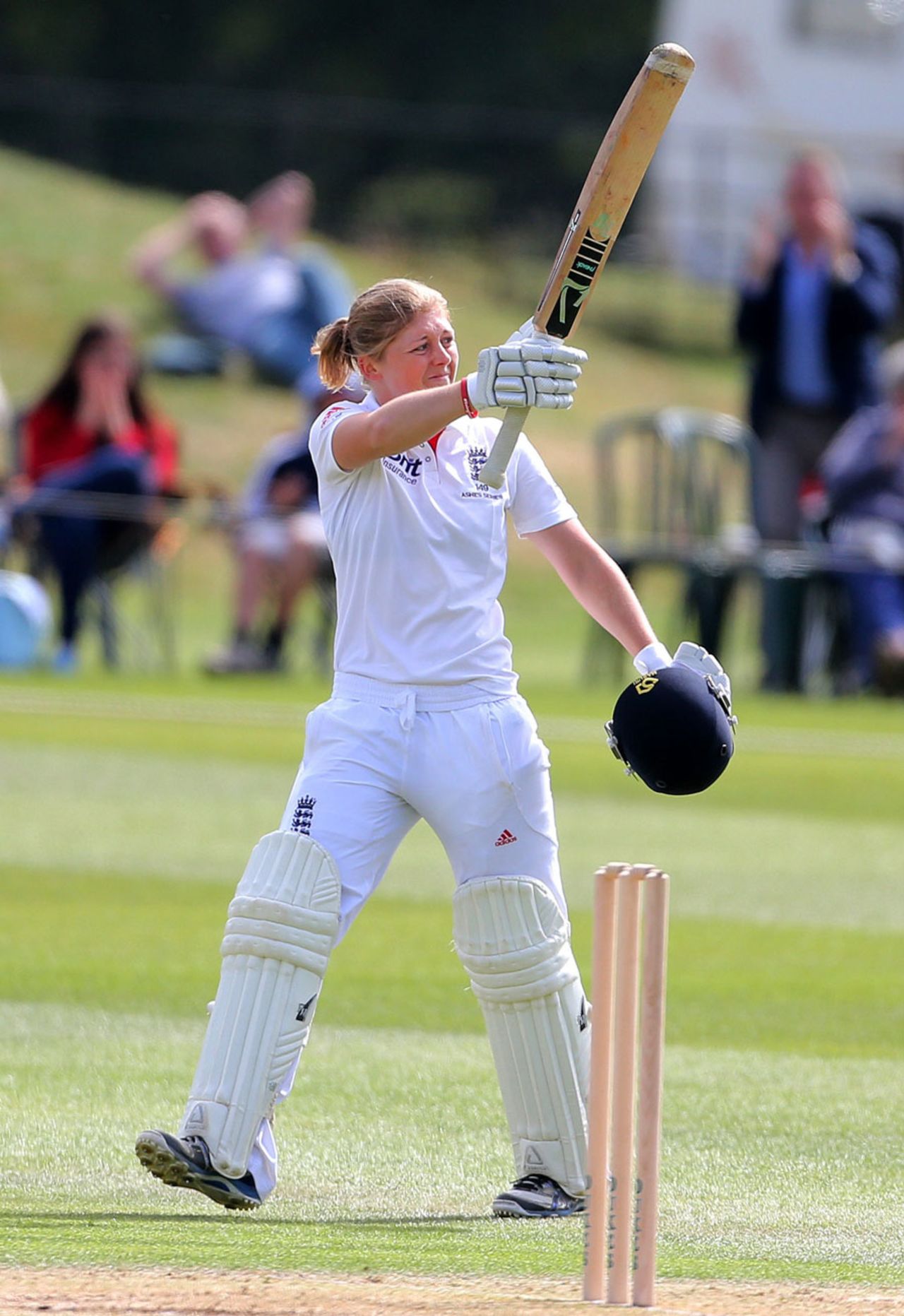 Heather Knight raises her bat after reaching a century, England Women v Australia Women, Only Test, 3rd day, Wormsley, August 13, 2013