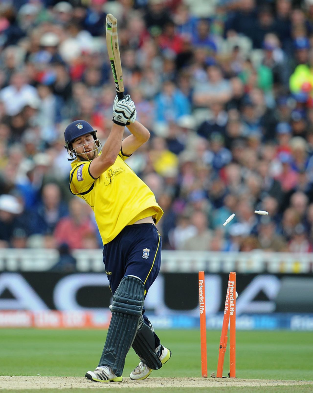 James Vince swings and missed to be bowled early on, Hampshire v Surrey, Friends Life t20, semi-final. Edgbaston, August 17, 2013