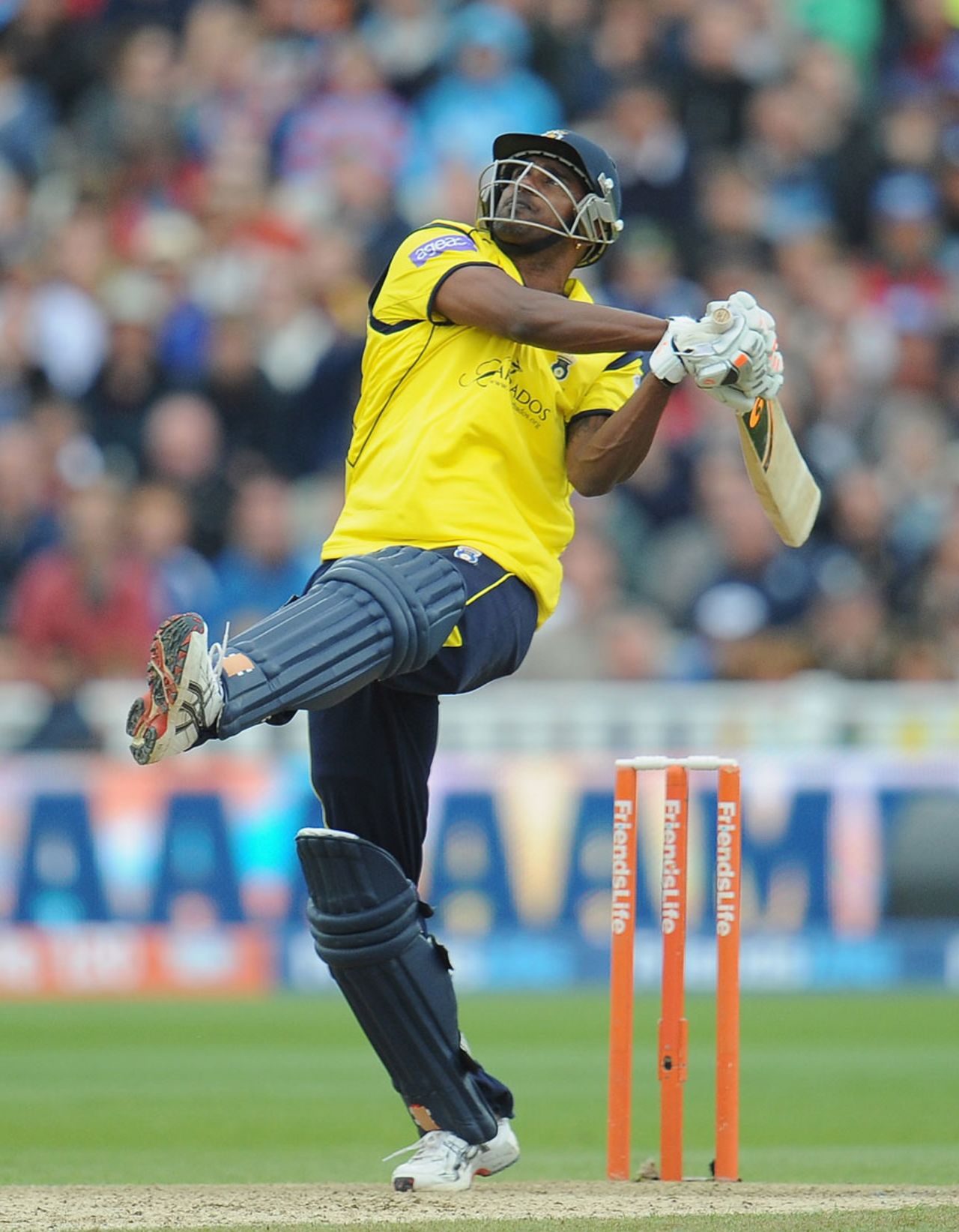 Dimitri Mascarenhas swung a late boundary to boost his side's total, Hampshire v Surrey, Friends Life t20, semi-final. Edgbaston, August 17, 2013