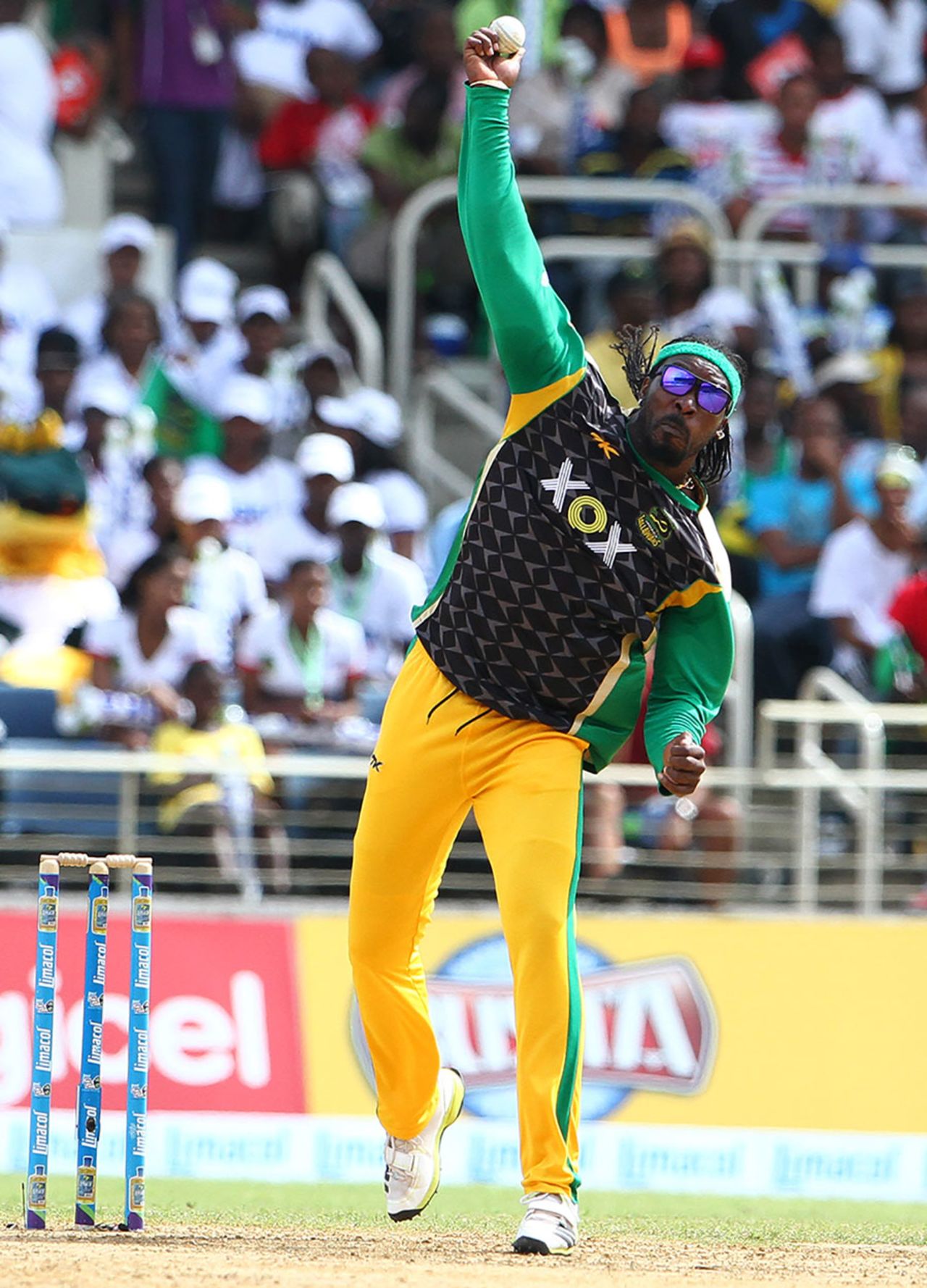 Chris Gayle in his delivery stride, Jamaica Tallawahs v Barbados Tridents, Caribbean Premier League 2013, Jamaica, August 17, 2013