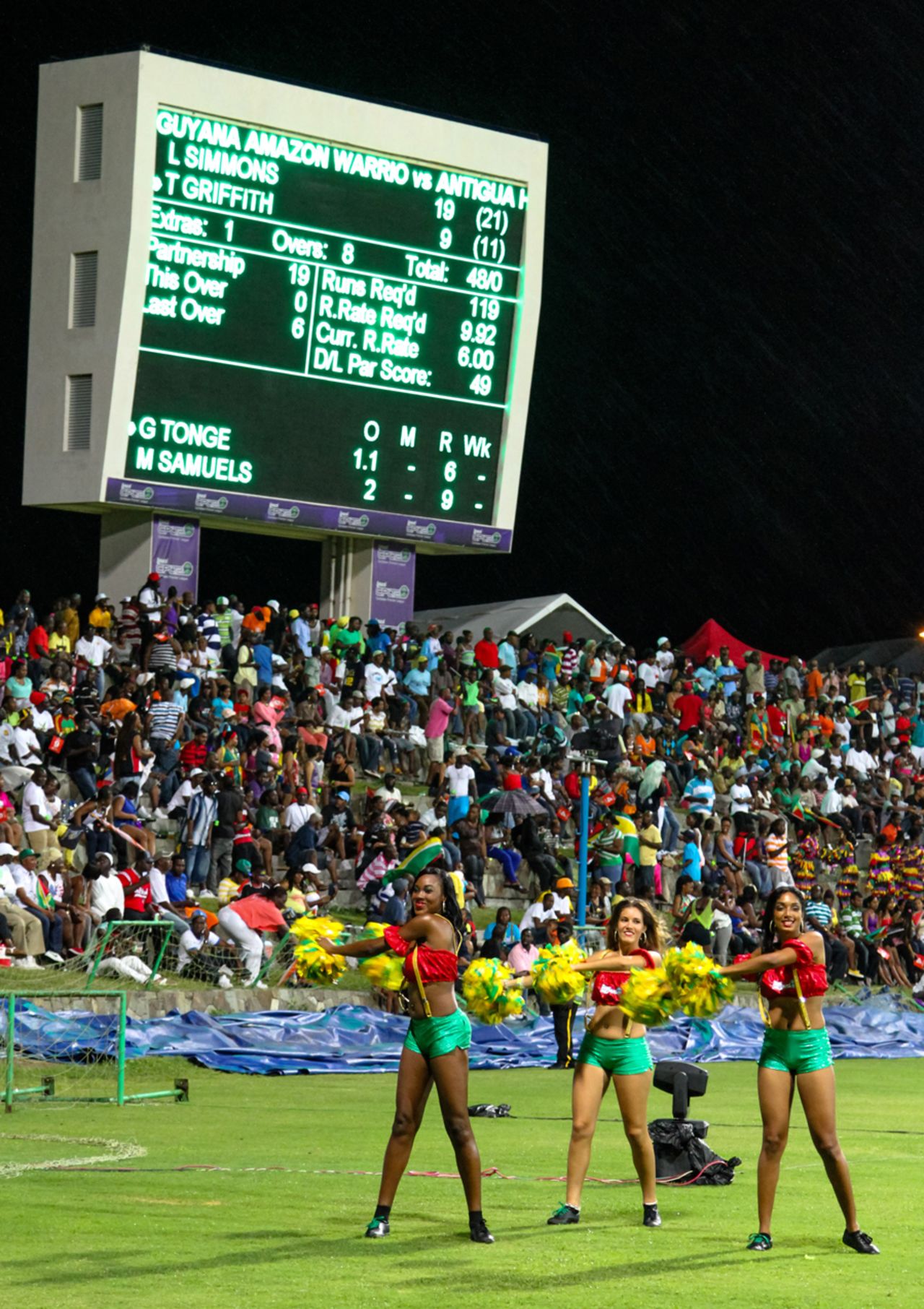 Cheerleaders egg on a packed house, Antigua Hawksbills v Guyana Amazon Warriors, Caribbean Premier League 2013, North Sound, August 17, 2013
