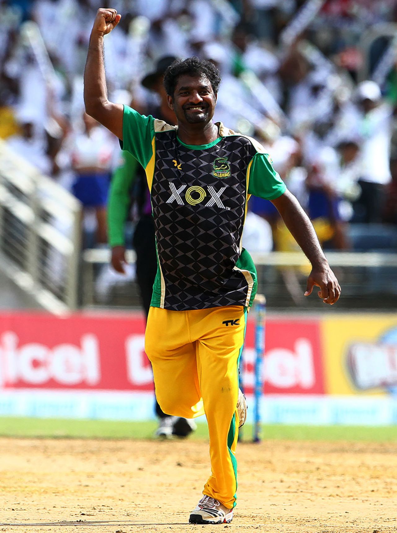 Muttiah Muralitharan celebrates a wicket, Jamaica Tallawahs v Barbados Tridents, Caribbean Premier League 2013, Jamaica, August 17, 2013