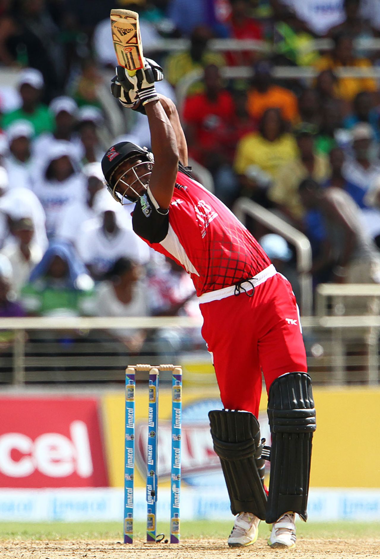 Dwayne Bravo launches over the straight boundary, Jamaica Tallawahs v Trinidad & Tobago Red Steel, Caribbean Premier League 2013, Kingston, August 18, 2013
