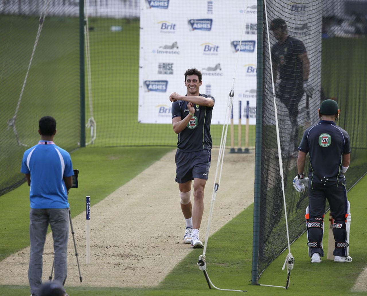 Mitchell Starc asks for a review during training, London, August 19, 2013