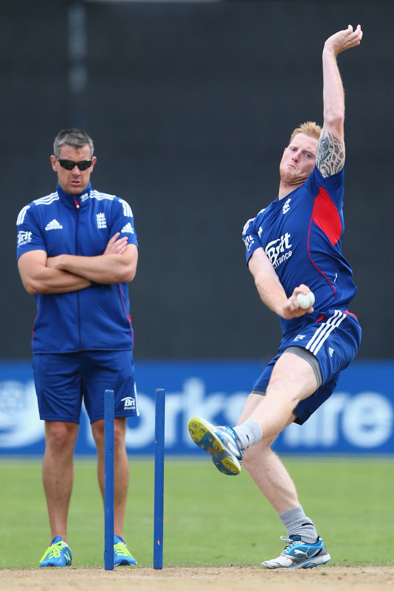 Ashley Giles watches Ben Stokes in training, England Lions v Bangladesh A, Bristol, August 19, 2013