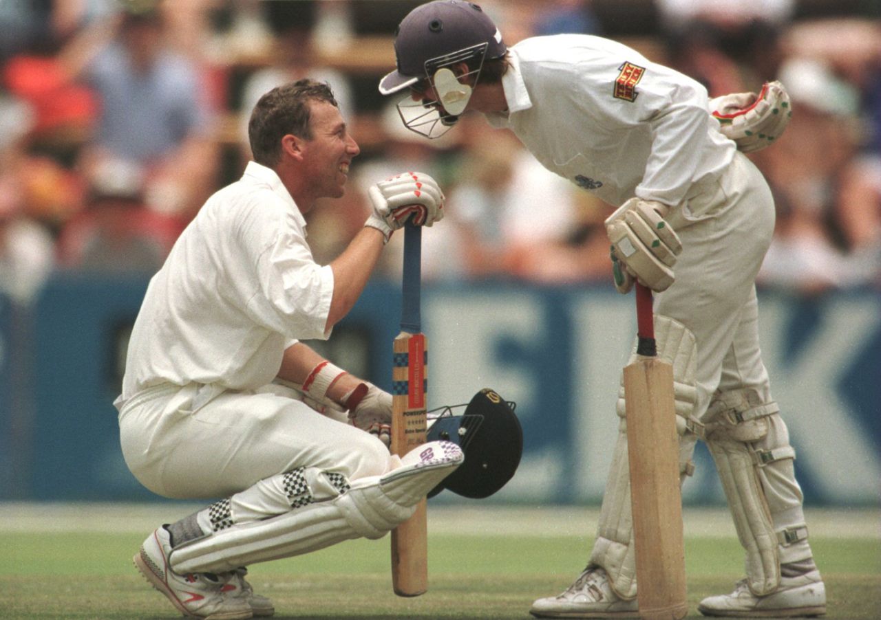 Jack Russell checks on Mike Atherton who was hit by the ball South Africa v England, 2nd Test, Johannesburg, 5th day, December 4, 1995