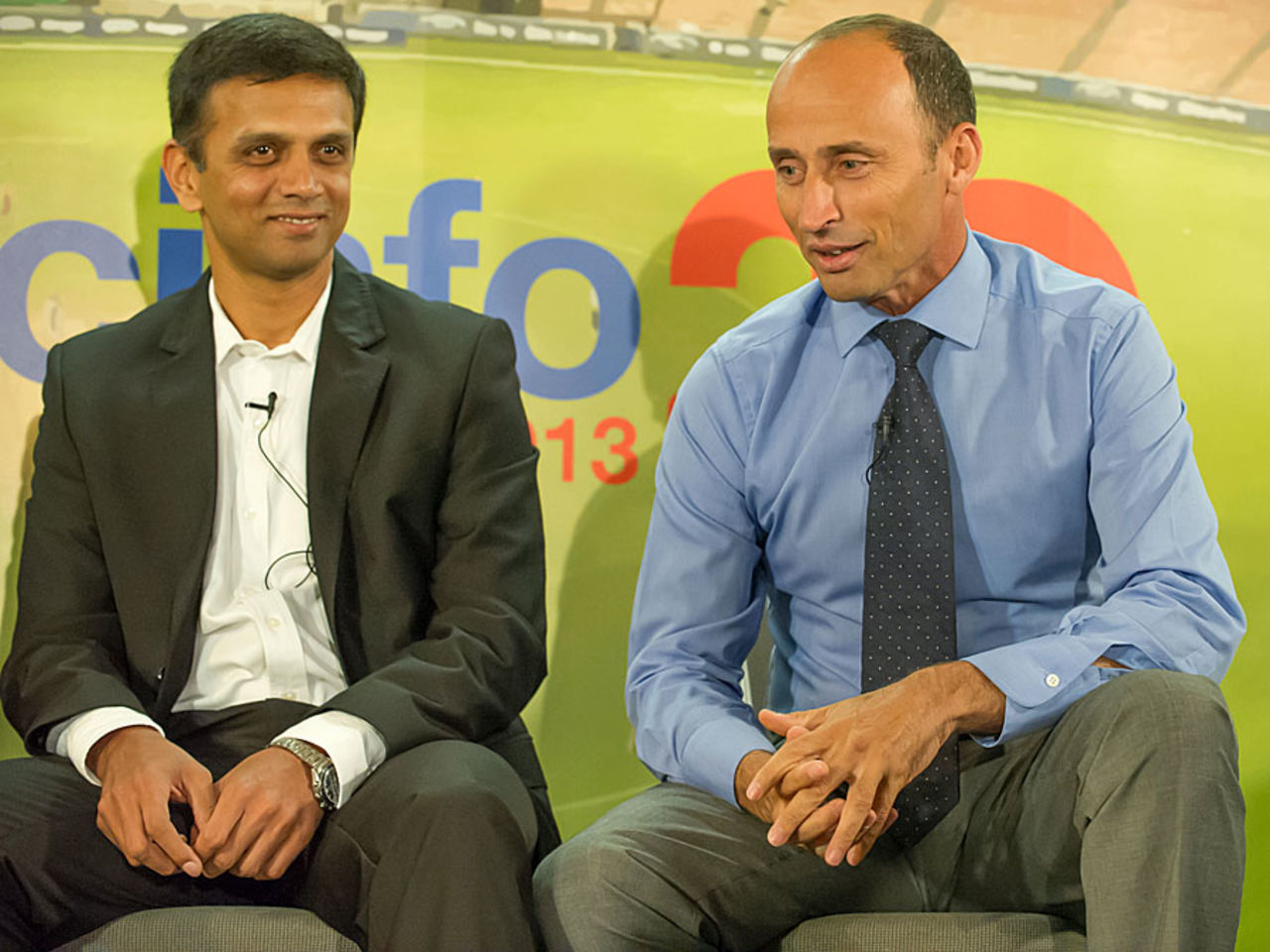 Rahul Dravid and Nasser Hussain at a panel discussion at the first ESPNcricinfo for Cricket Summit, London, August 19, 2013