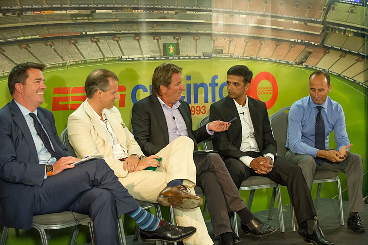 Richard Verow (Sky), Ed Smith, Mark Nicholas, Rahul Dravid and Nasser Hussain at a panel discussion, London, August 19, 2013