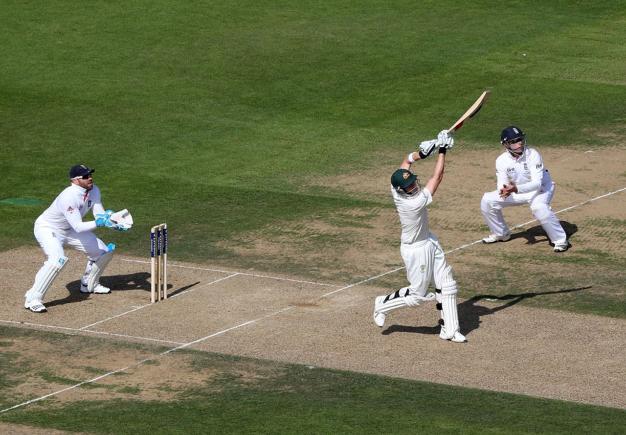 Steven Smith advances to hit down the ground, England v Australia, 5th Investec Test, The Oval, 1st day, August 21, 2013