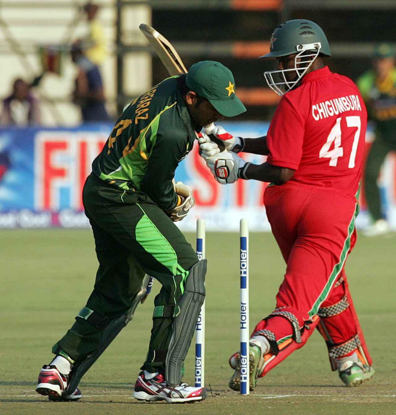 Elton Chigumbura loses his middle stump to Shahid Afridi, Zimbabwe v Pakistan, 1st T20, Harare, August 23, 2013