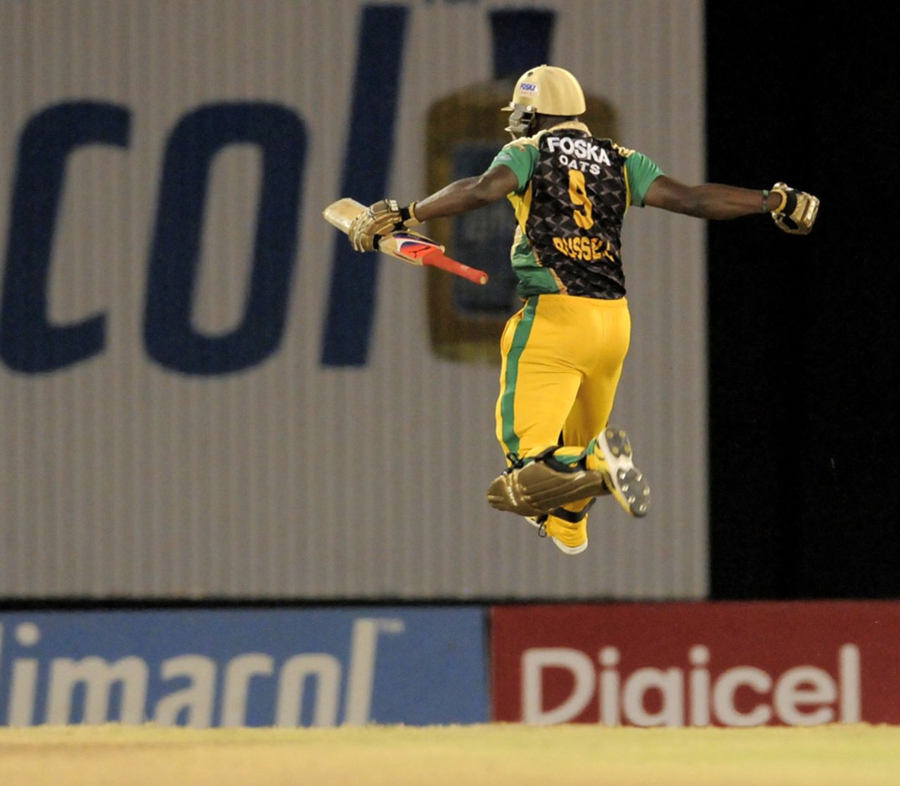Andre Russell goes airborne after closing out the game, Jamaica Tallawahs v Barbados Tridents, Caribbean Premier League 2013, 2nd semi-final, Port-of-Spain, August 23, 2013