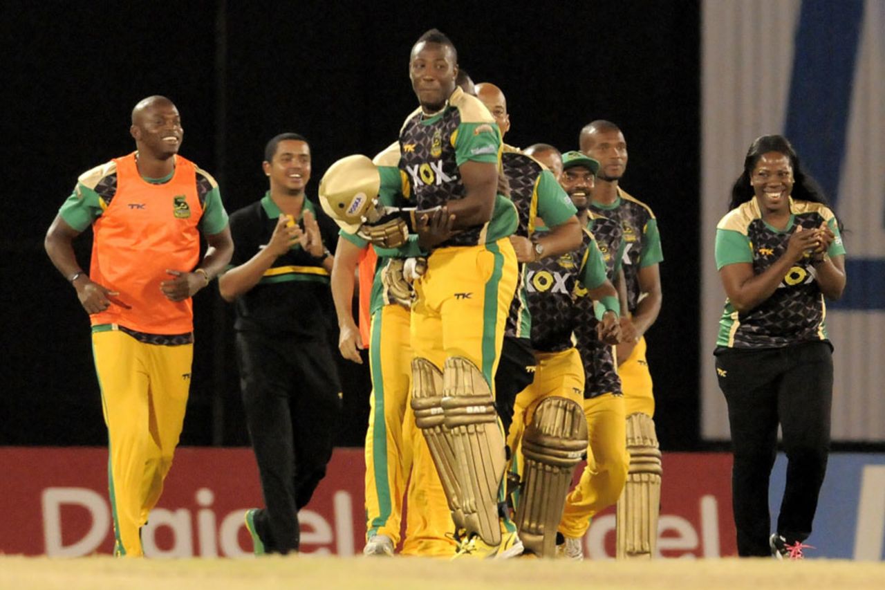 Andre Russell and team-mates celebrate after the win, Jamaica Tallawahs v Barbados Tridents, Caribbean Premier League 2013, semi-final, Port-of-Spain, August 23, 2013