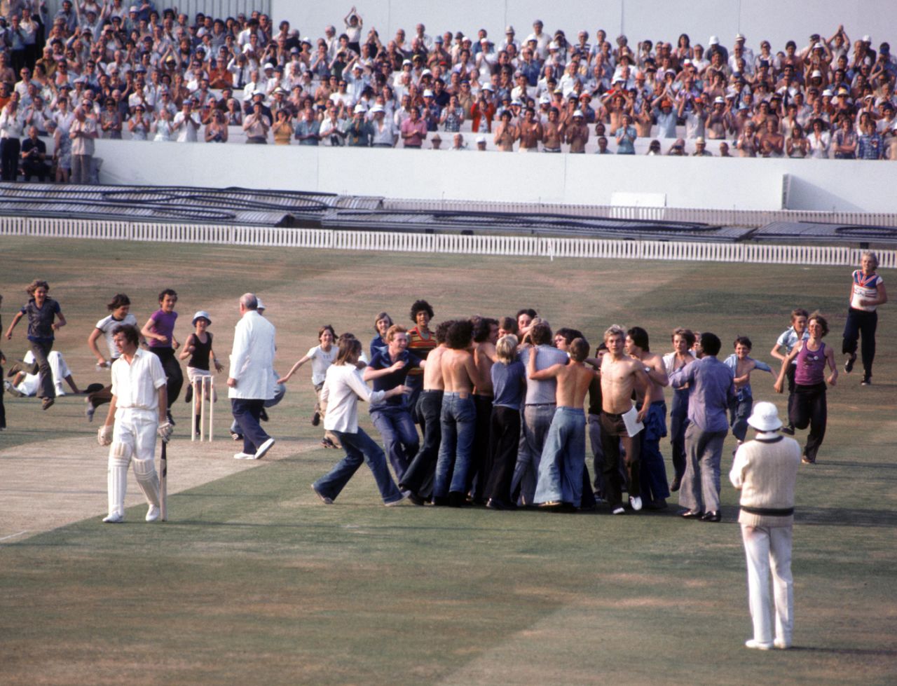 Geoff Boycott is surrounded by fans after completing his 100th first-class hundred, England v Australia, 4th Test, Headingley, August 11, 1977 