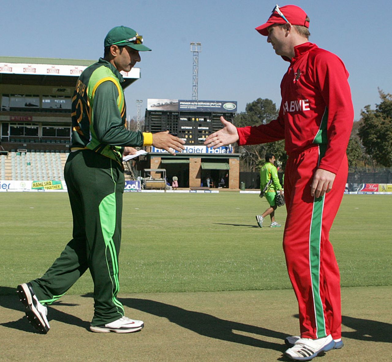 Misbah-ul-Haq and Brendan Taylor shake hands at the toss, Zimbabwe v Pakistan, 1st ODI, Harare, August 27, 2013