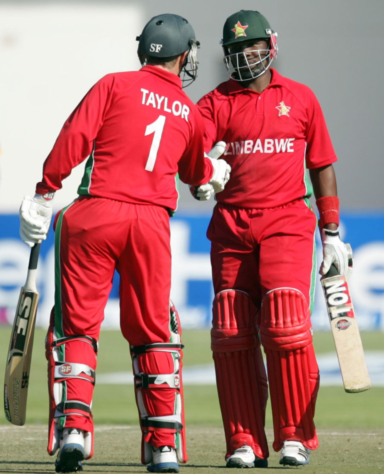 Brendan Taylor congratulates Hamilton Masakadza after the latter reached his half-century, Zimbabwe v Pakistan, 1st ODI, Harare, August 27, 2013