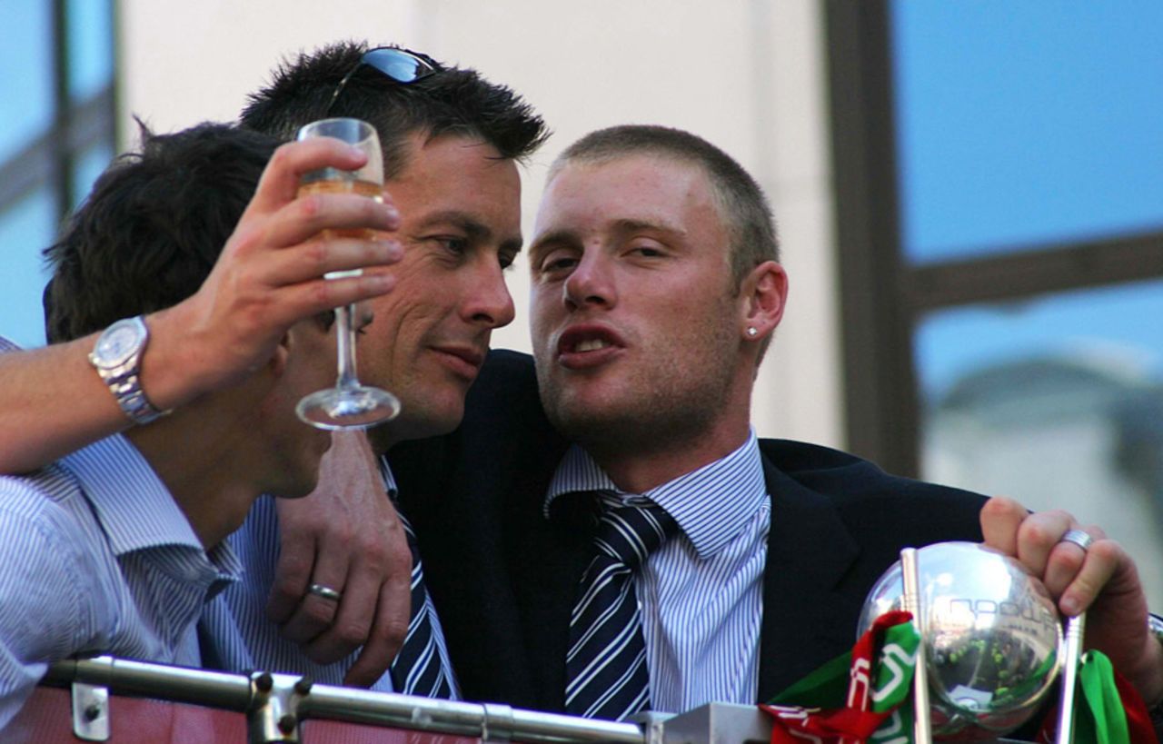 Ashley Giles and Andrew Flintoff during the open-top bus parade celebration after the fifth Test, London,  September 13, 2005