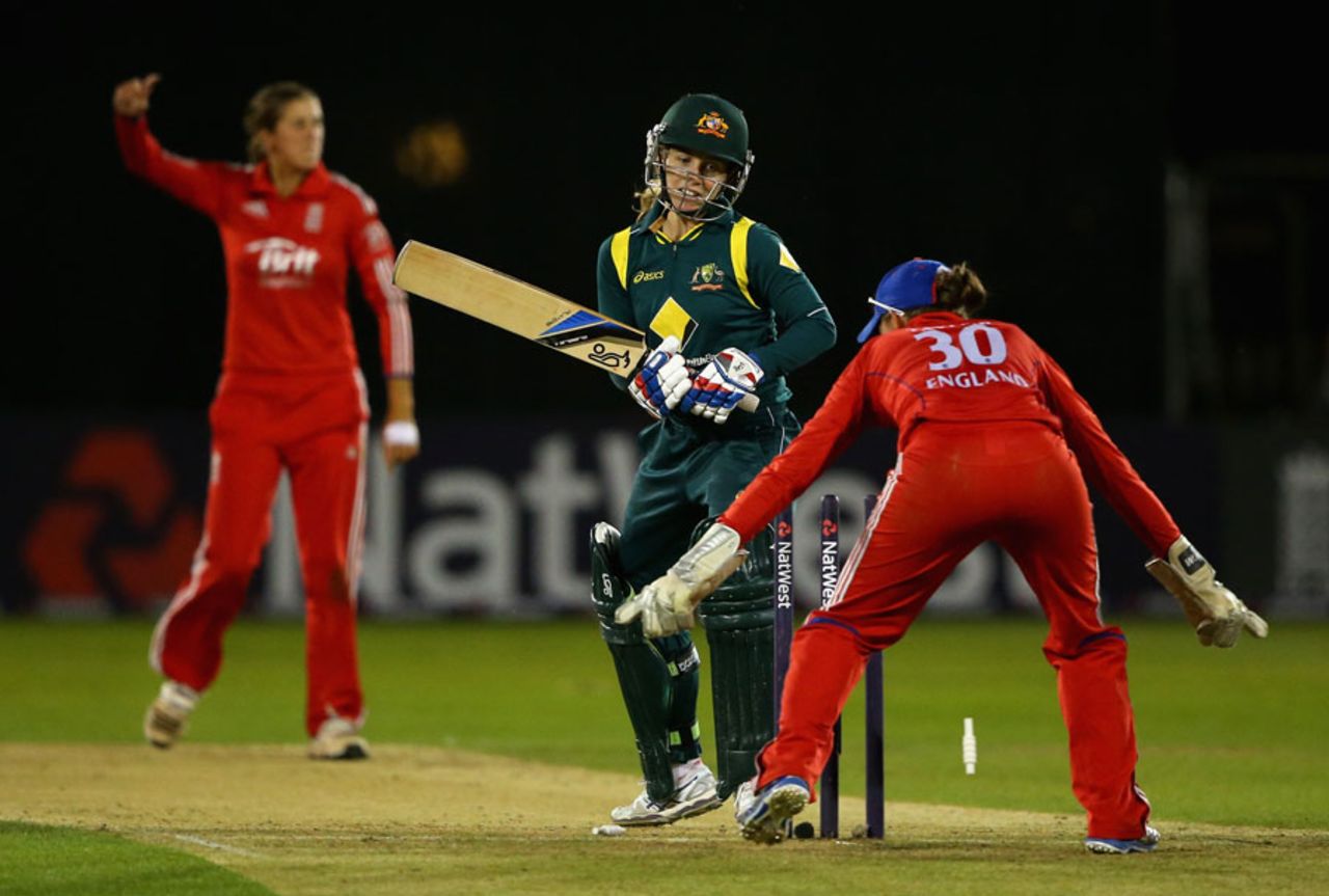 Jodie Fields is bowled by Jenny Gunn, England Women v Australia Women, 1st T20, Chelmsford, August, 27, 2013