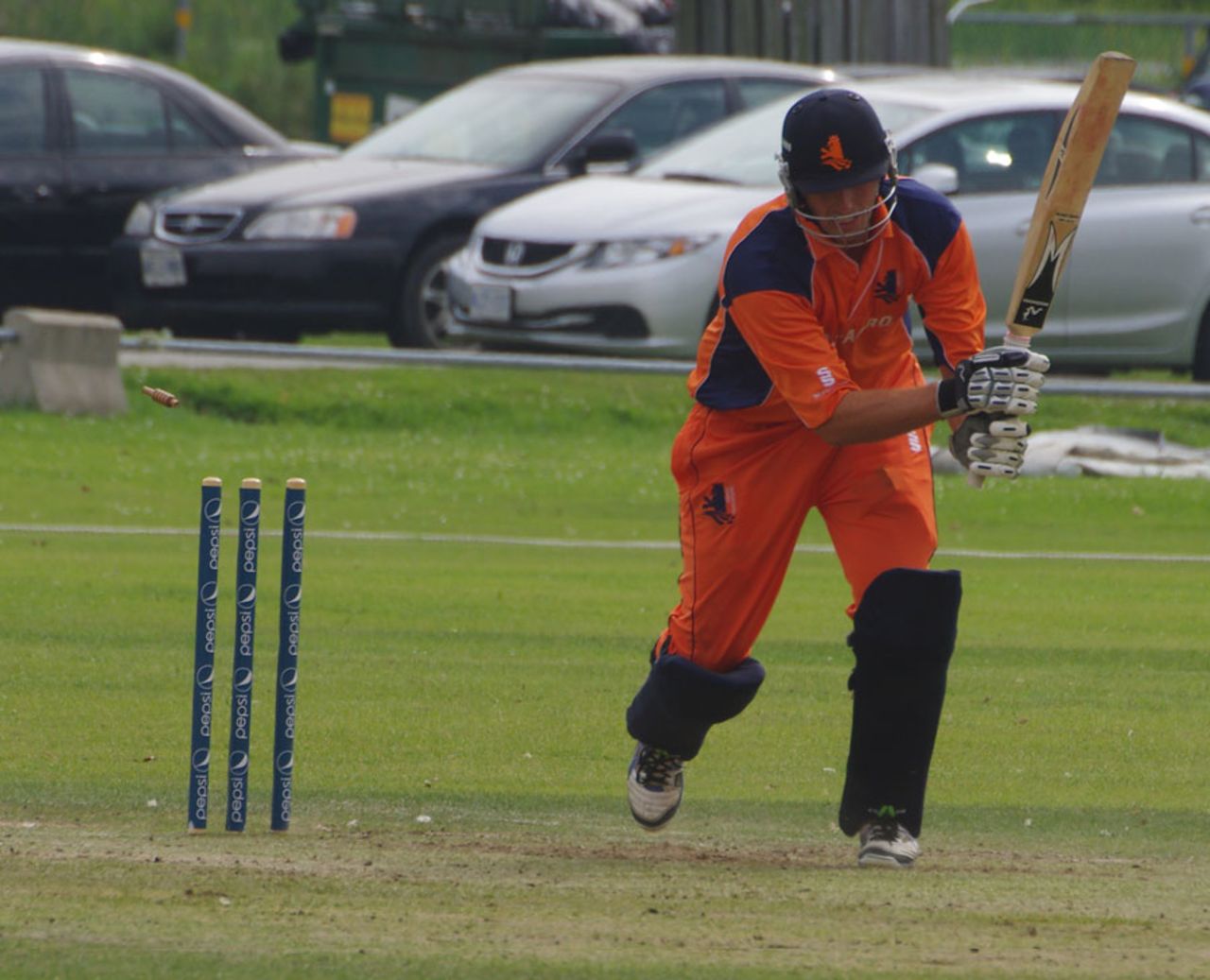 Kenneth Kamyuka castled Daan van Bunge's stumps with his first international delivery for Canada, Canada v Netherlands, ICC World Cricket League Championship,  King City, August 27, 2013