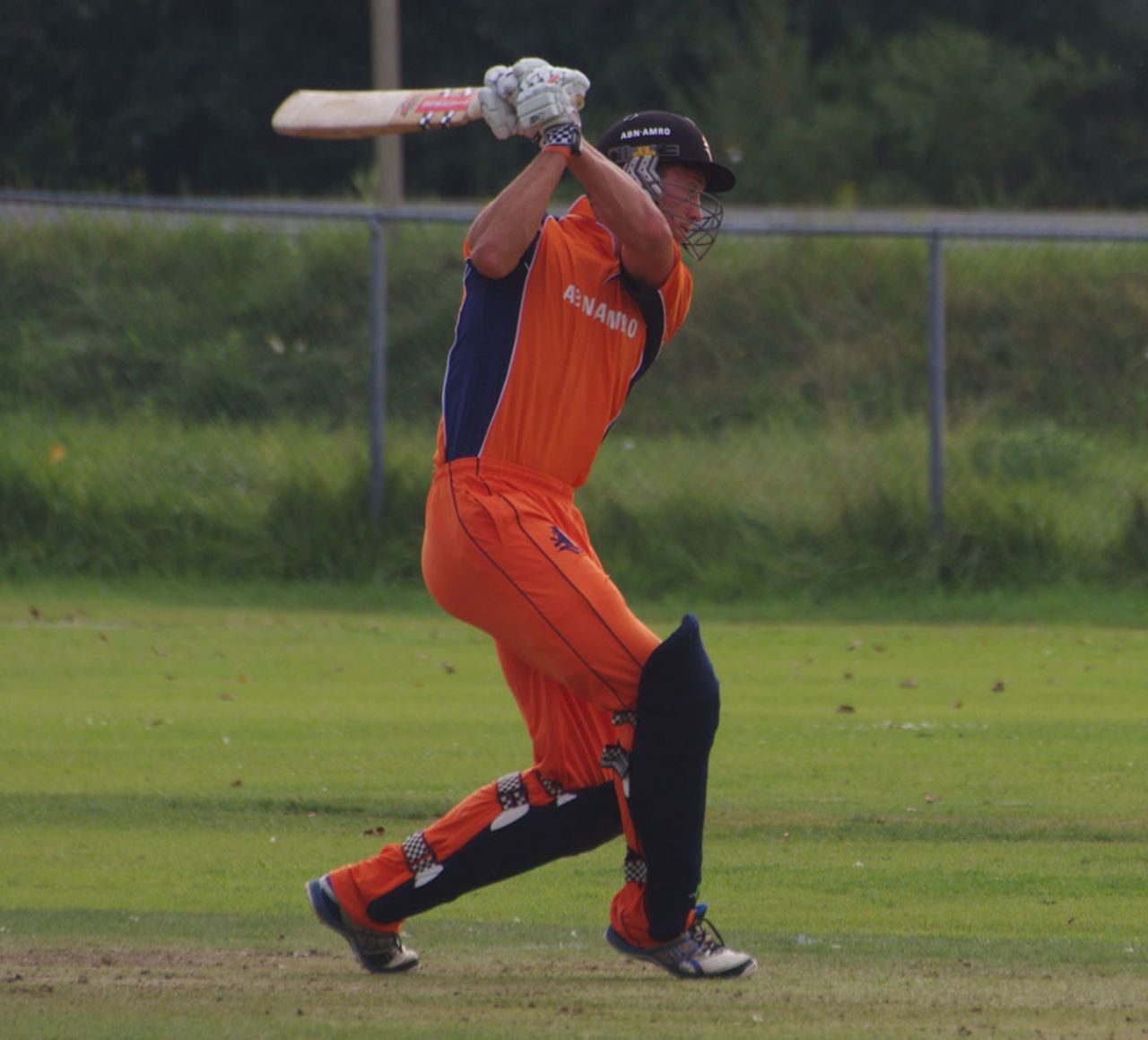 Netherlands' Ben Cooper hits down the track, Canada v Netherlands, ICC World Cricket League Championship, King City, August 27, 2013