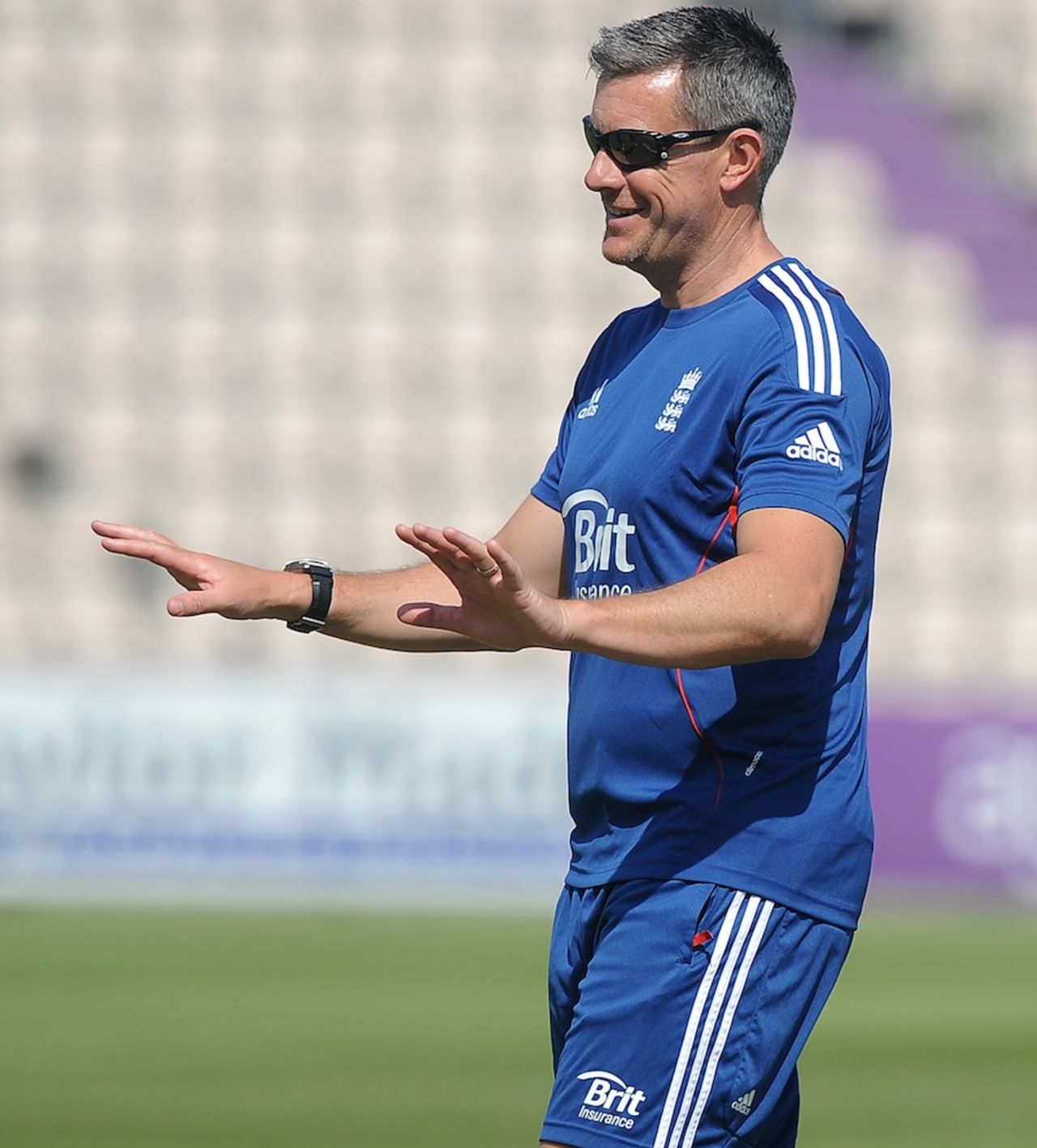 Keep calm and carry on: Ashley Giles directs a training session, Ageas Bowl, August, 27, 2013