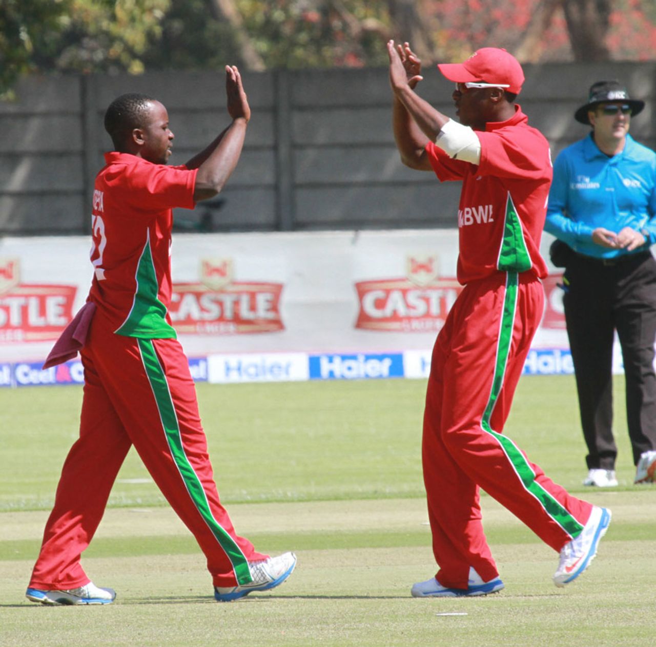 Prosper Utseya and Vusi Sibanda celebrate the wicket of Nasir Jamshed, Zimbabwe v Pakistan, 2nd ODI, Harare, August 29, 2013