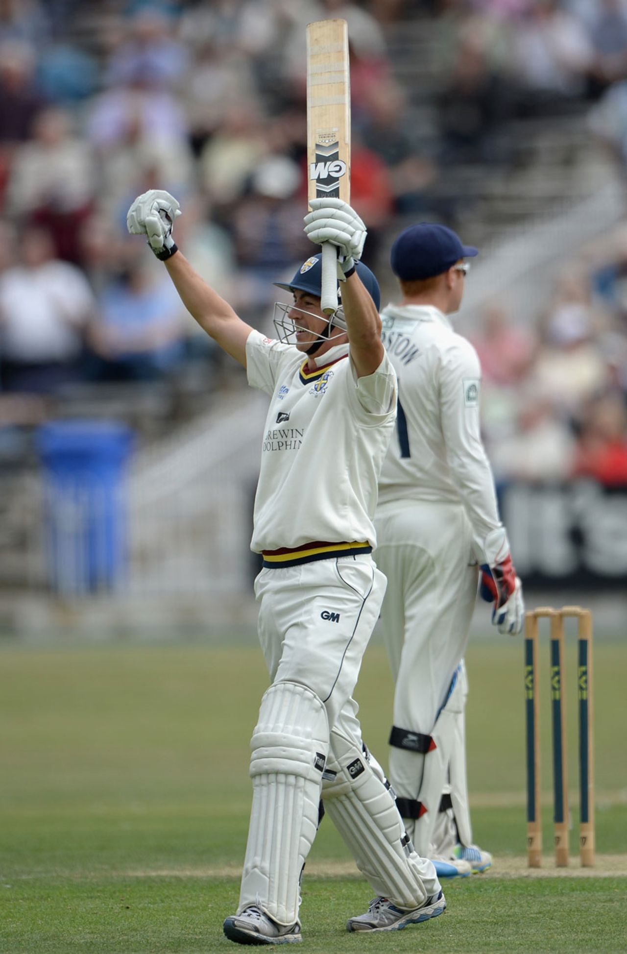 Michael Richardson celebrates after reaching his hundred with a six, Yorkshire v Durham, County Championship, Division One, Scarborough, 2nd day, August 29, 2013