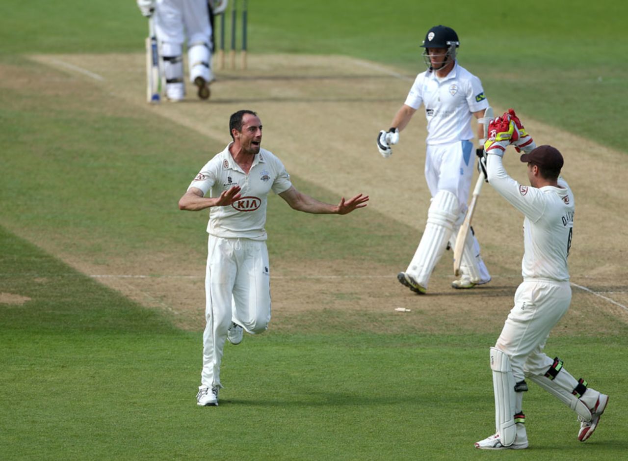Tim Linley celebrates a wicket, Surrey v Derbyshire, County Championship, Division One, The Oval, 1st day, August 29, 2013