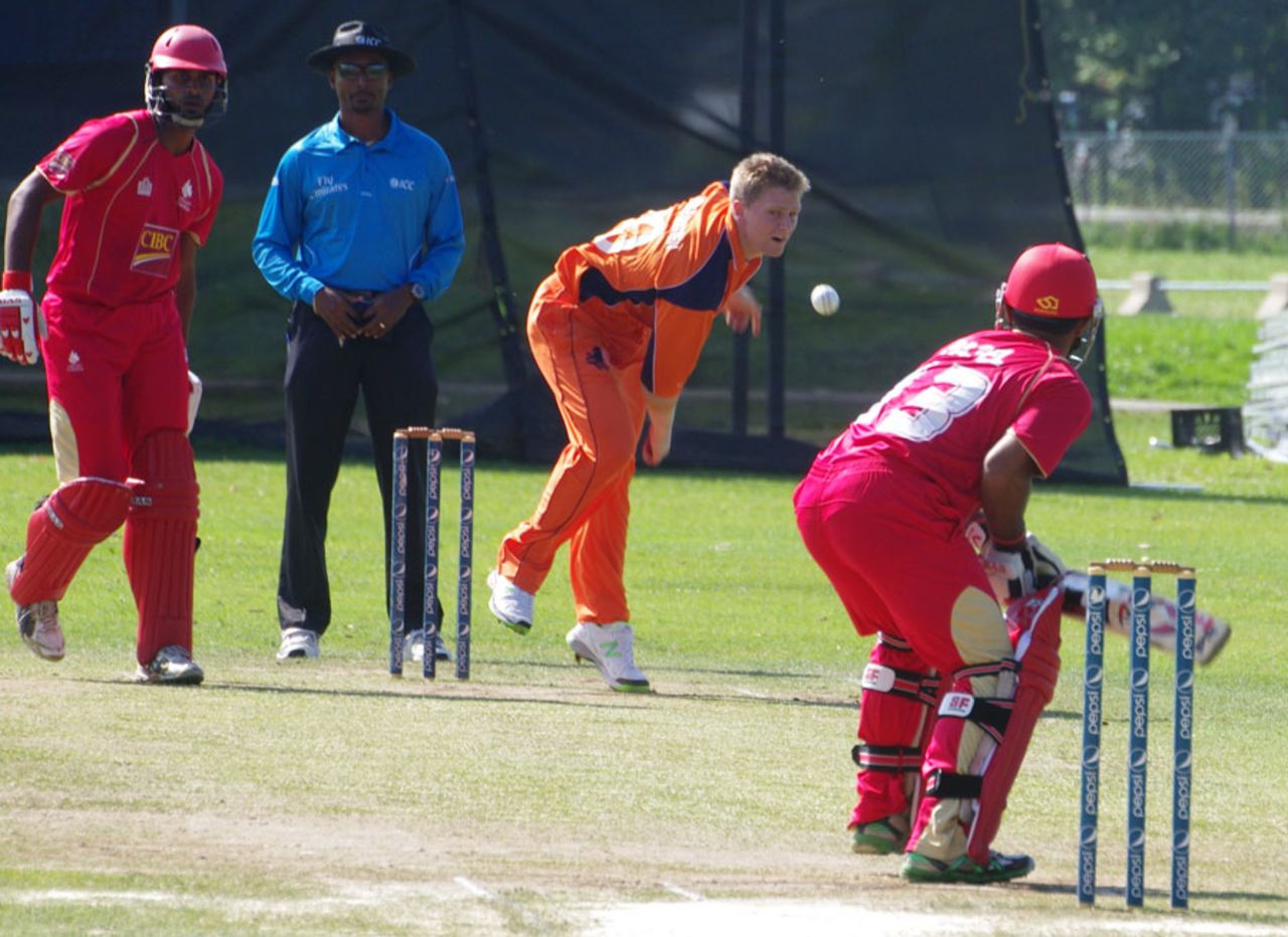 Timm van der Gugten ran through Canada's top order to finish with 5 for 24, Canada v Netherlands, World Cricket League Championship, King City, August 29, 2013
