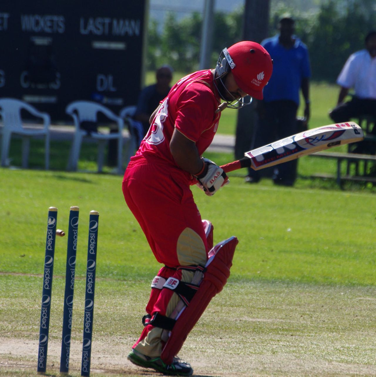 Hiral Patel was bowled for a duck off the second ball of the match, Canada v Netherlands, World Cricket League Championship, King City, August 29, 2013