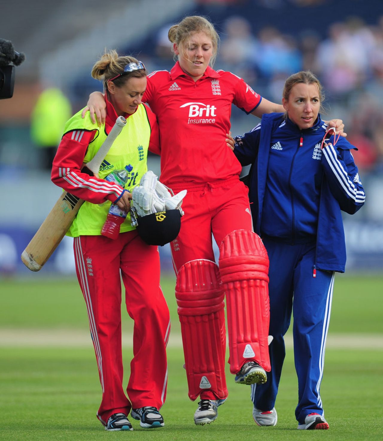 Heather Knight was helped off the field after she suffered an injury during her dismissal, England v Australia, 3rd Women's T20I, Chester-le-Street, August 31, 2013