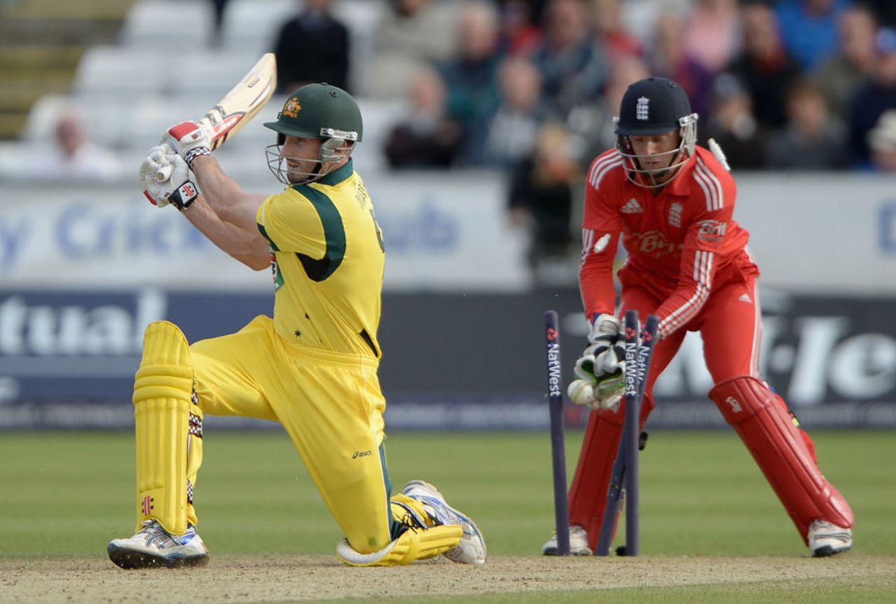 Shaun Marsh was bowled slogging across the line, England v Australia, 2nd T20, Chester-le-Street, August 31, 2013