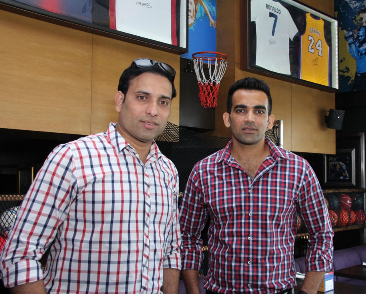 VVS Laxman and Zaheer Khan at the launch of the latter's sports lounge, Pune, September 1, 2013
