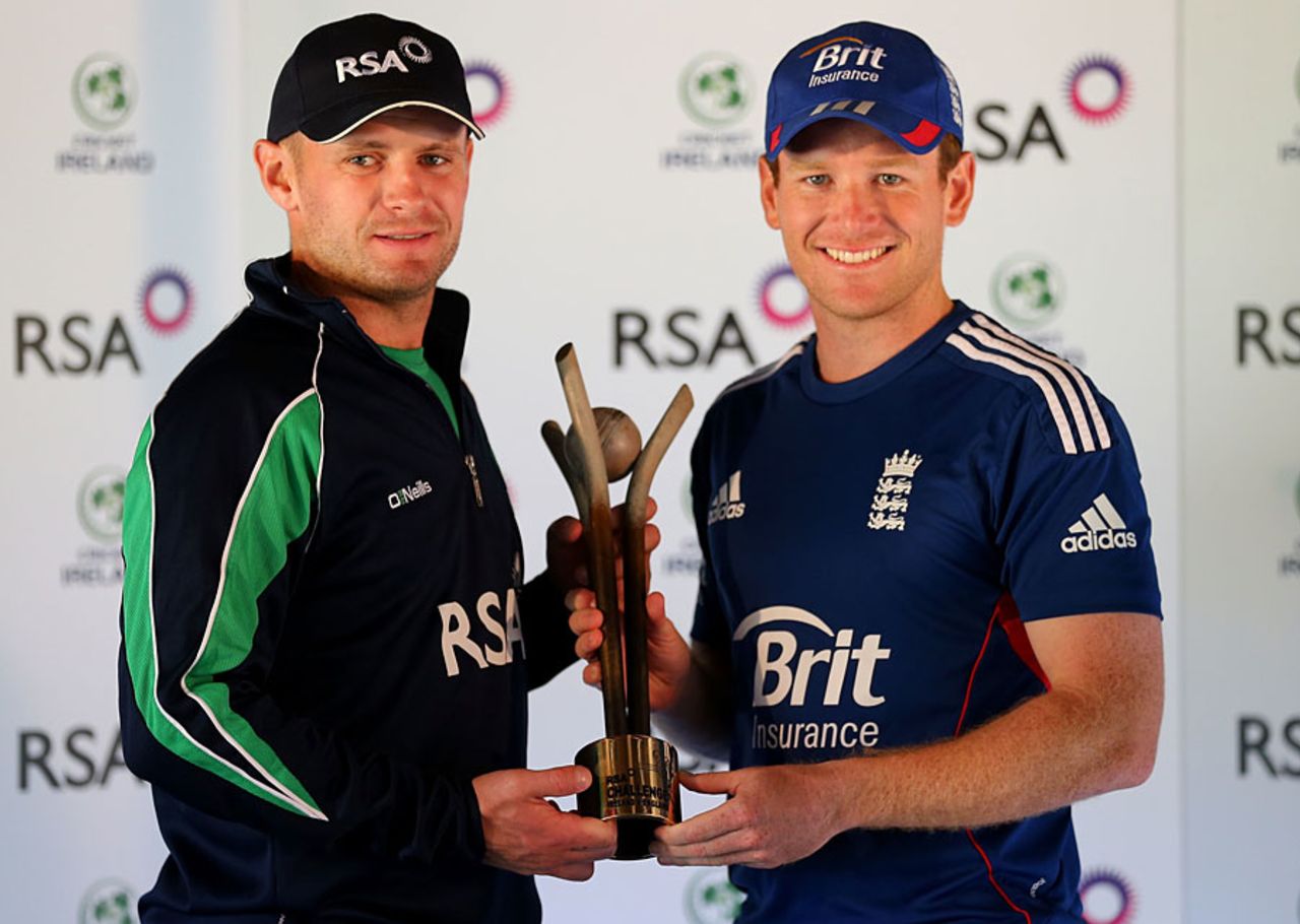 William Porterfield and Eoin Morgan pose with the RSA Challenge trophy, Malahide, September 2, 2013