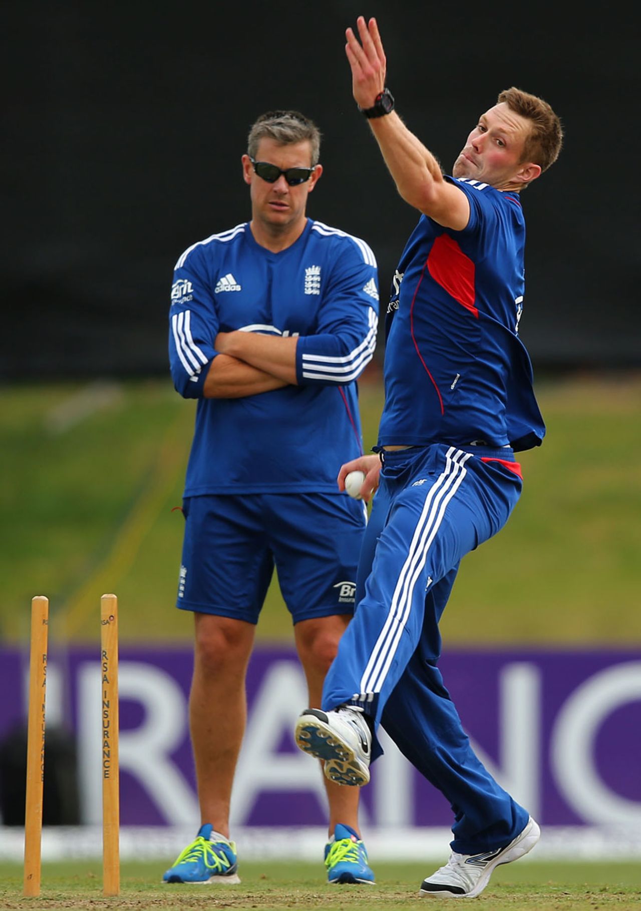 Boyd Rankin bowls alongside one-day coach Ashley Giles, Malahide, September 2, 2013