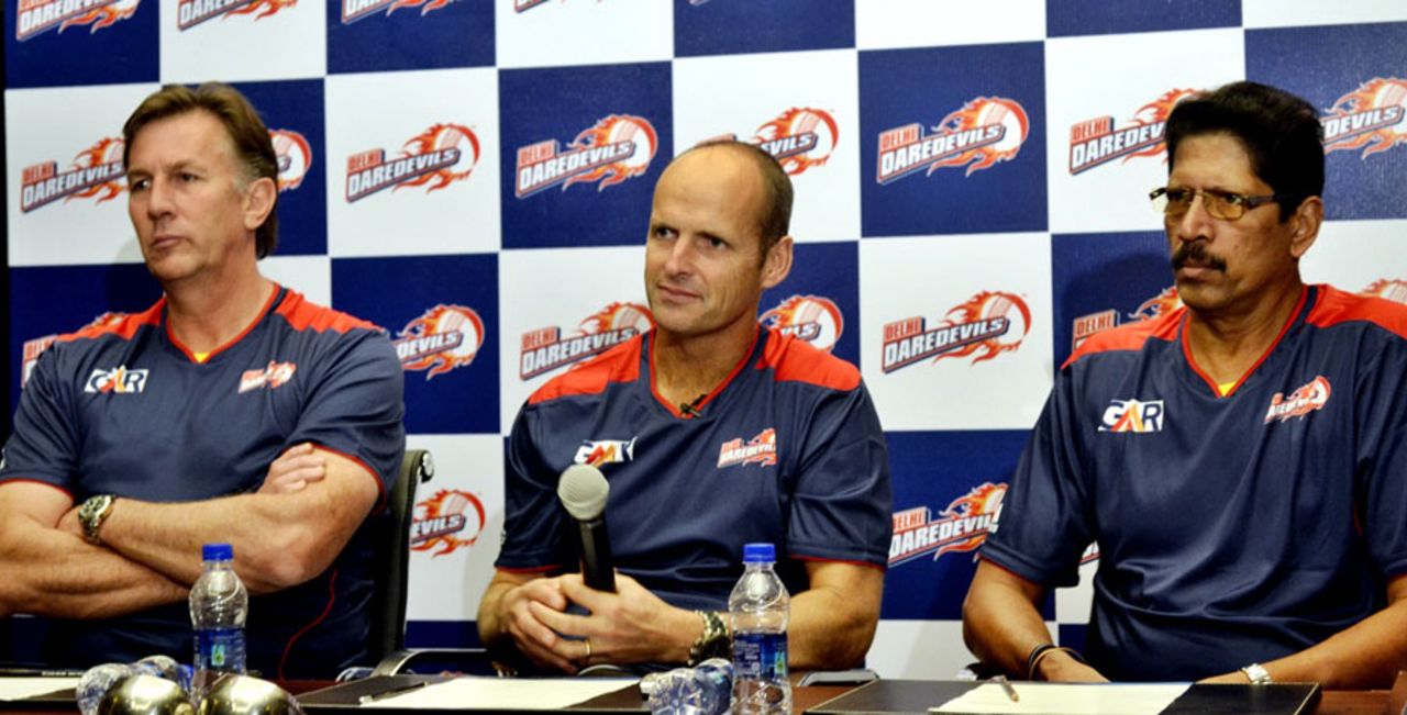 Gary Kirsten with Eric Simons (left) and TA Sekar at a press conference, announcing his appointment as coach of Delhi Daredevils, Hyderabad, September 3, 2013