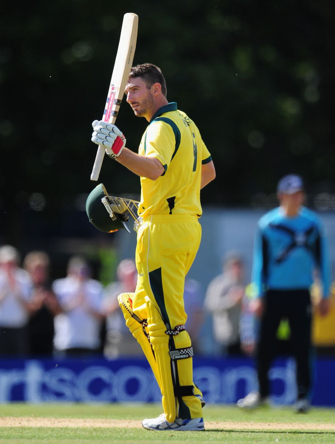 Shaun Marsh raises his bat after scoring his 3rd ODI century, Scotland v Australia, only ODI, Edinburgh, September 3, 2013