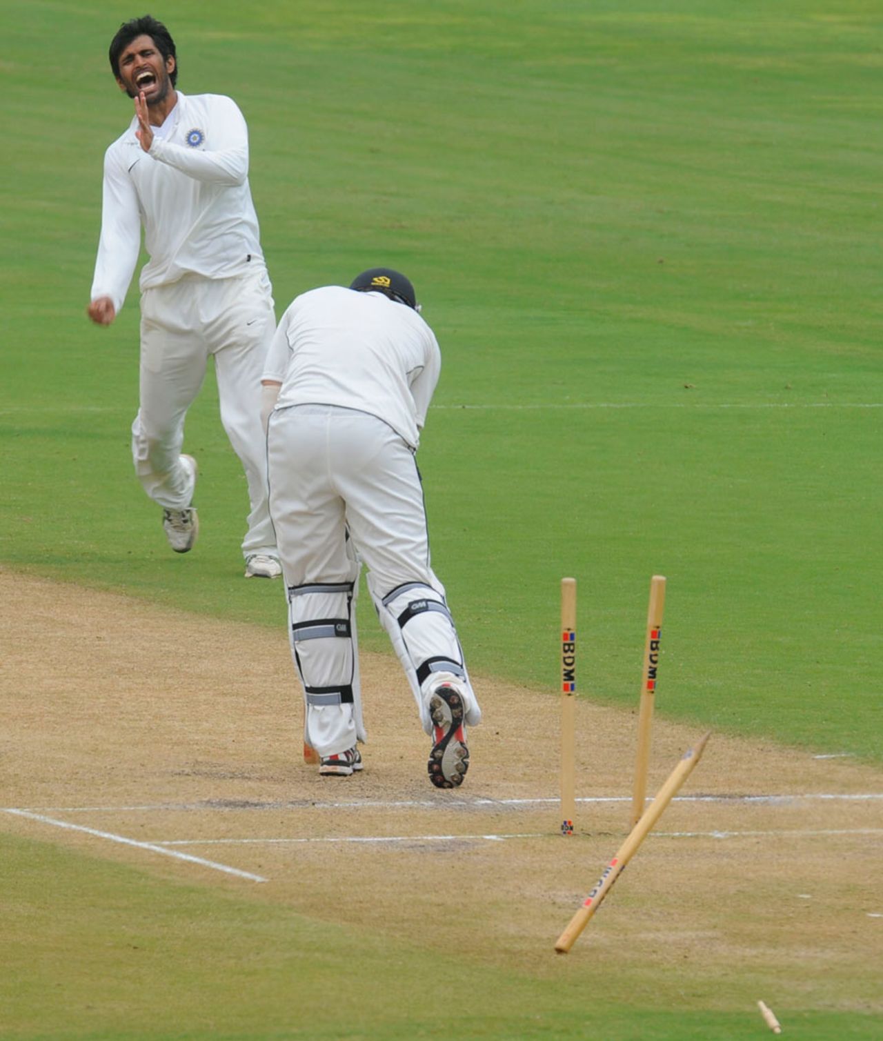 Abhishek Nayar cries in delight after knocking over Doug Bracewell's middle stump, India A v New Zealand A, 2nd unofficial Test, Visakhapatnam, Sep 3, 2013