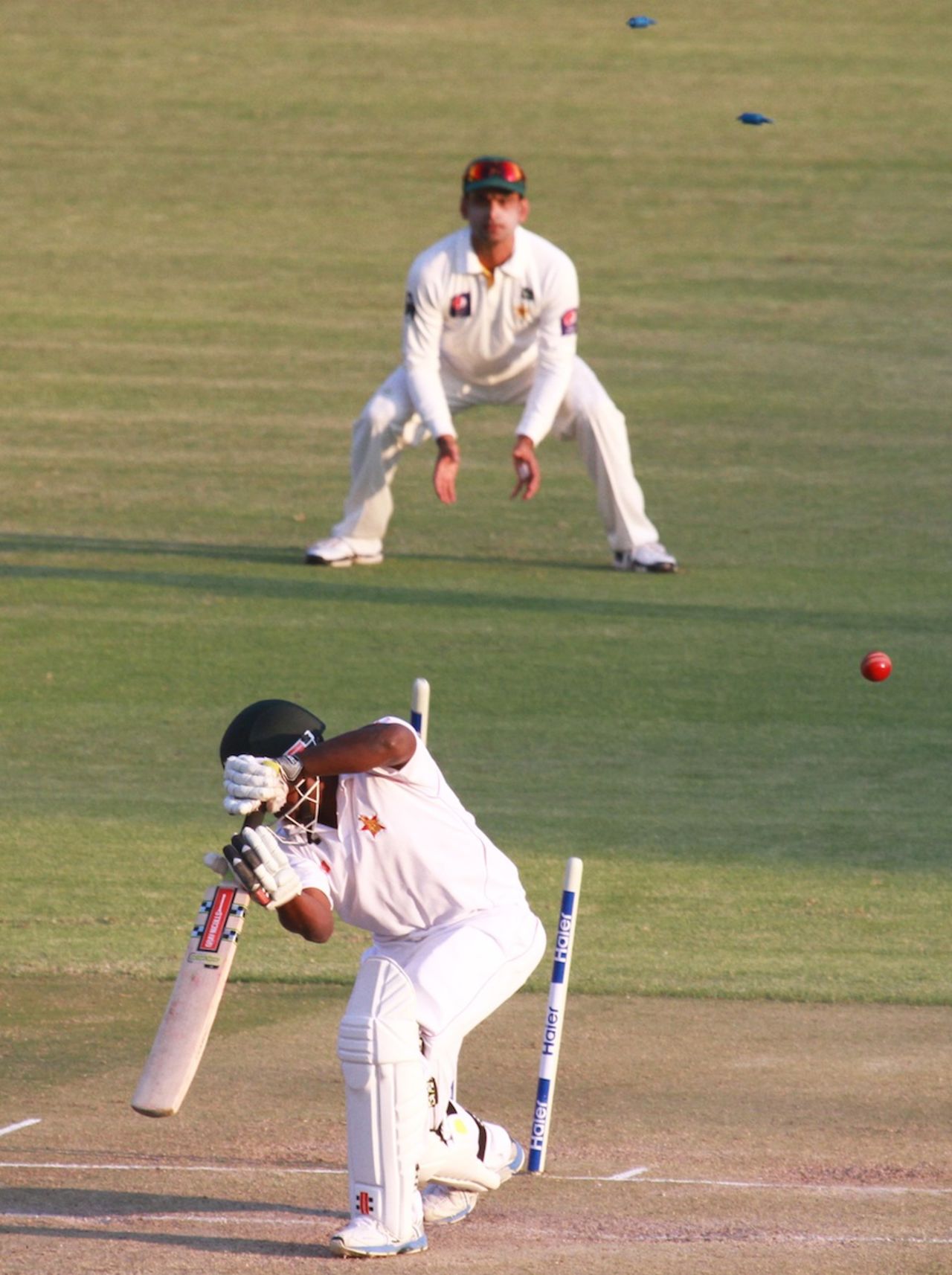 Prosper Utseya was bowled for 16, Zimbabwe v Pakistan, 1st Test, Harare, 2nd day, September 4, 2013