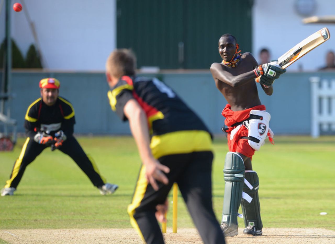 A Maasai warrior clubs through the off side, London, September 4, 2013