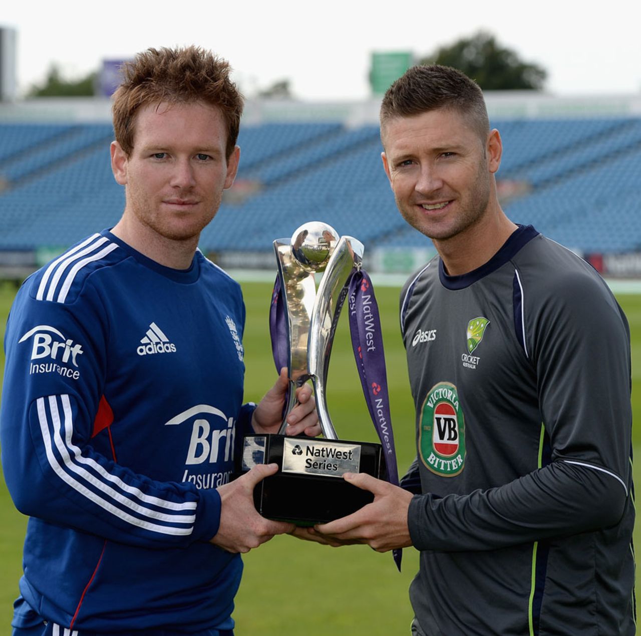 Eoin Morgan and Michael Clarke with the ODI series trophy, Headingley, September 5, 2013